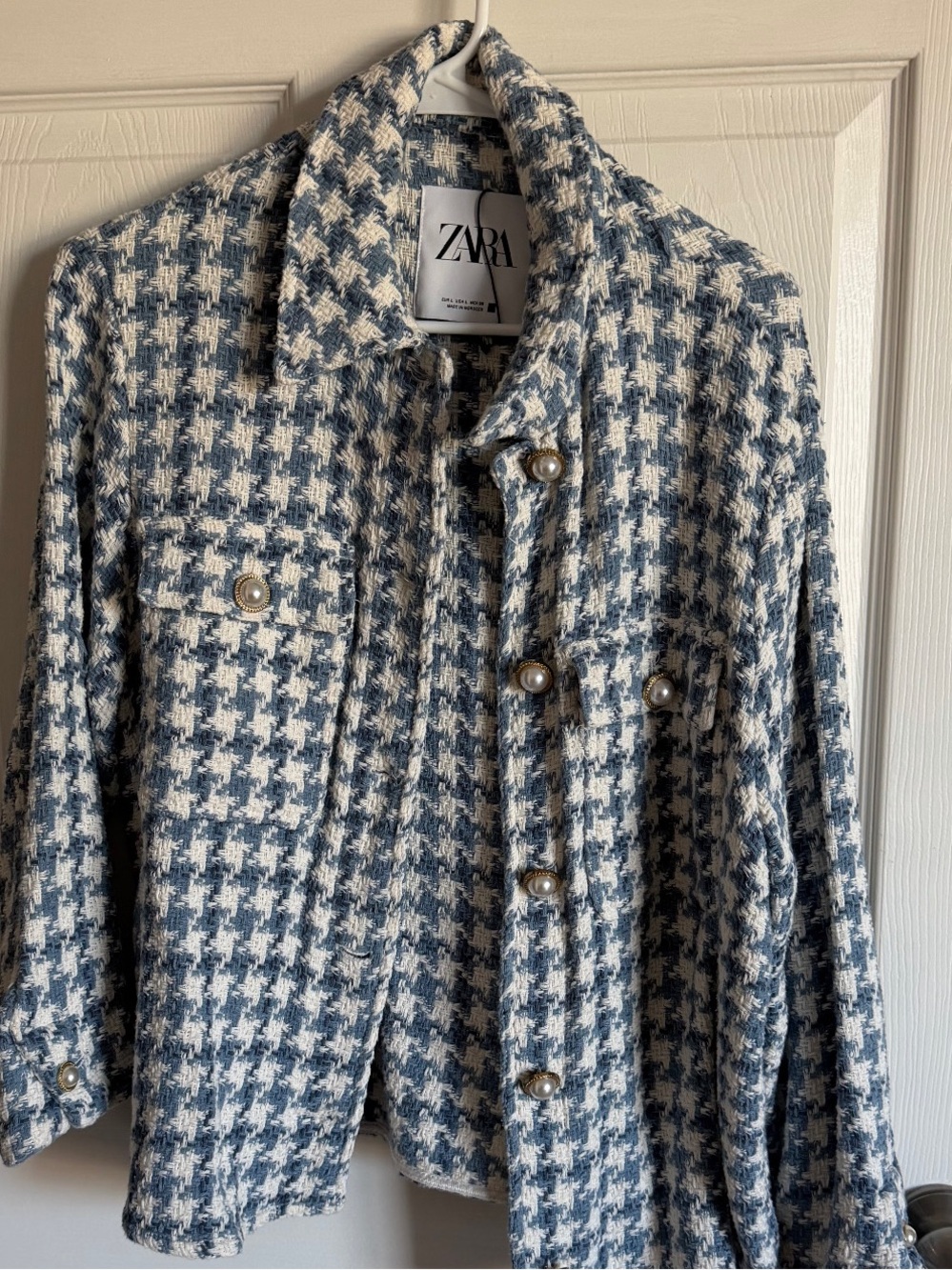 Zara Blue and White Houndstooth Tweed Blazer Jacket